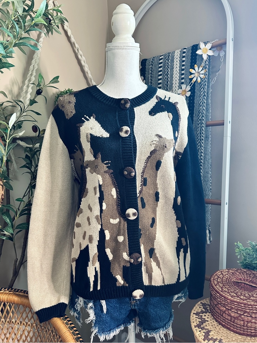 Vintage Christopher & Banks Giraffe Cardigan Sweater Animal Print Size S
